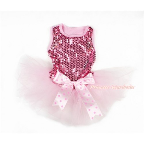 Sparkle Sequins Light Pink Sleeveless Light Hot Pink Dots Bow Gauze Skirt Pet Dress DC052 