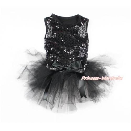 Sparkle Sequins Black Sleeveless Black Bow Gauze Skirt Pet Dress DC054 