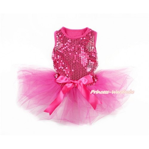 Sparkle Sequins Hot Pink Sleeveless Hot Pink Bow Gauze Skirt Pet Dress DC057 