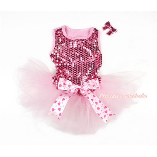 Sparkle Sequins Light Pink Sleeveless Light Hot Pink Heart Bow Gauze Skirt Pet Dress & Light Pink Sparkle Sequins Bow DC062 