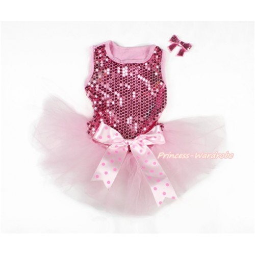 Sparkle Sequins Light Pink Sleeveless Light Hot Pink Dots Bow Gauze Skirt Pet Dress & Light Pink Sparkle Sequins Bow DC063 