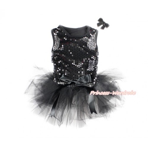 Sparkle Sequins Black Sleeveless Black Bow Gauze Skirt Pet Dress & Black Sparkle Sequins Bow DC065 