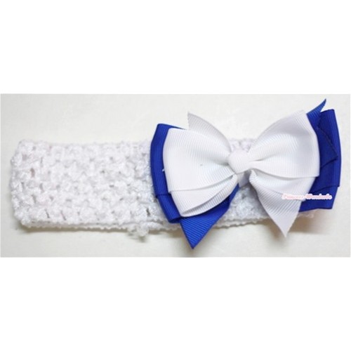 White Headband with White Royal Blue Ribbon Hair Bow Clip H550 