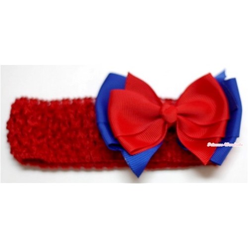 Red Headband with Red Royal Blue Ribbon Hair Bow Clip H552 