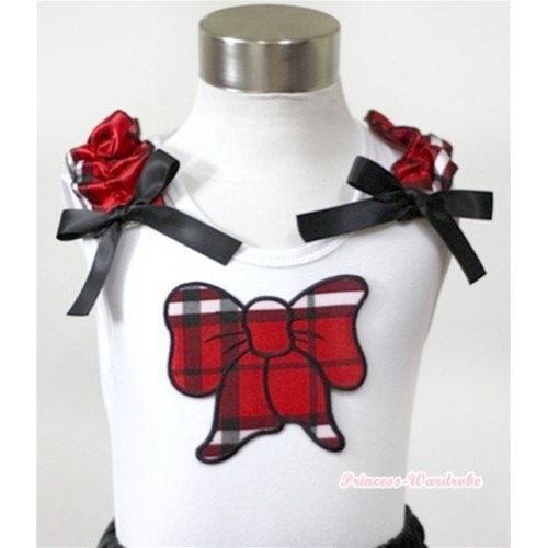 White Tank Top With Red Black Checked Butterfly Print With Red Black Checked Ruffles& Black Bows TB259 