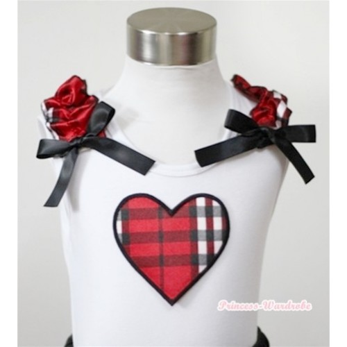 White Tank Top With Red Black Checked Heart Print With Red Black Checked Ruffles& Black Bows TB260 