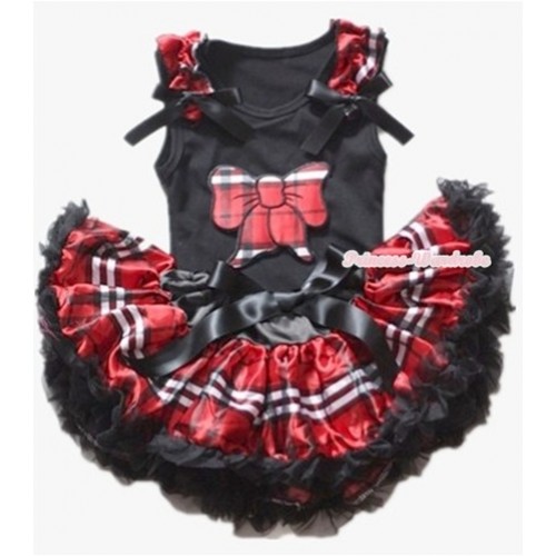 Black Baby Pettitop with Red Black Checked Butterfly Print with Red Black Checked Ruffles & Black Bows with Red Black Checked Newborn Pettiskirt NG1129 