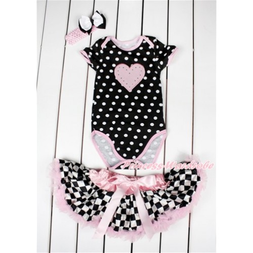 Black White Polka Dots Baby Jumpsuit with Light Pink Heart Print with Light Pink Black White Checked Newborn Pettiskirt With Light Pink Headband White Black Ribbon Bow JN05 