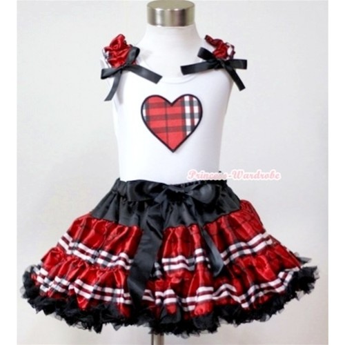 White Tank Top with Red Black Checked Heart Print with Red Black Checked Ruffles & Black Bow& Red Black Checked Pettiskirt MG349 