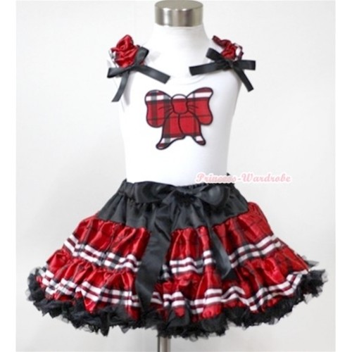 White Tank Top with Red Black Checked Butterfly Print with Red Black Checked Ruffles & Black Bow& Red Black Checked Pettiskirt MG350 