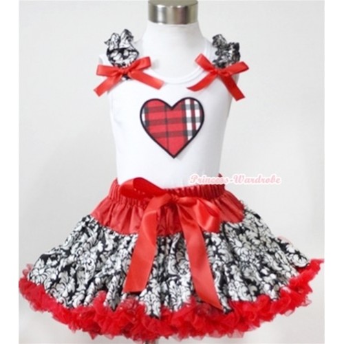 White Tank Top with Red Black Checked Heart Print with Damask Ruffles & Red Bow& Red Damask Pettiskirt MG351 