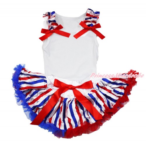 American's Birthday White Baby Pettitop & Red White Royal Blue Striped Ruffles & Red Bows with Red White Royal Blue Striped Newborn Pettiskirt NG1479