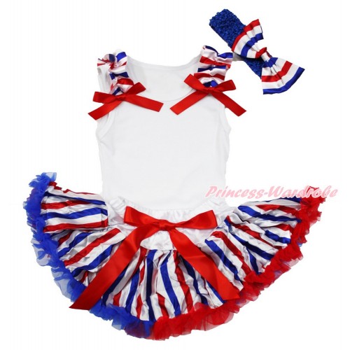 American's Birthday White Baby Pettitop & Red White Royal Blue Striped Ruffles & Red Bow with Red White Royal Blue Striped Newborn Pettiskirt With Royal Blue Headband Red White Royal Blue Striped Satin Bow NG1480