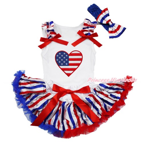 American's Birthday White Baby Pettitop with Red White Royal Blue Striped Ruffles & Red Bows & Patriotic American Heart & Red White Royal Blue Striped Newborn Pettiskirt & Royal Blue Headband Red White Royal Blue Striped Satin Bow NG1481