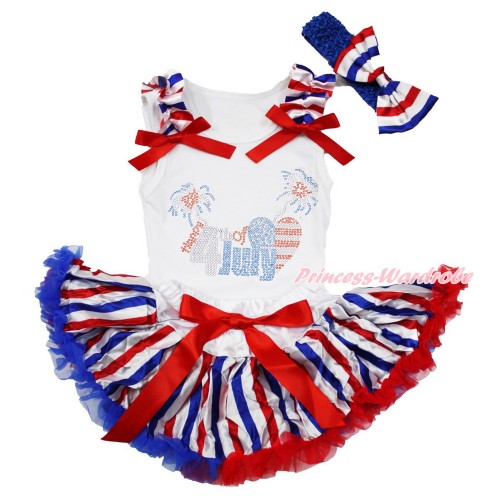 White Baby Pettitop with Red White Blue Striped Ruffles & Red Bows with Rhinestone 4th July Patriotic American Heart Print & Red White Royal Blue Striped Newborn Pettiskirt & Royal Blue Headband Red White Blue Striped Satin Bow NG1484