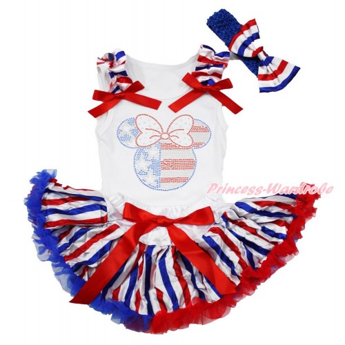 White Baby Pettitop with Red White Royal Blue Striped Ruffles & Red Bows with Sparkle Crystal Bling Rhinestone 4th July Minnie Print & Red White Blue Striped Newborn Pettiskirt & Royal Blue Headband Red White Blue Striped Satin Bow NG1485