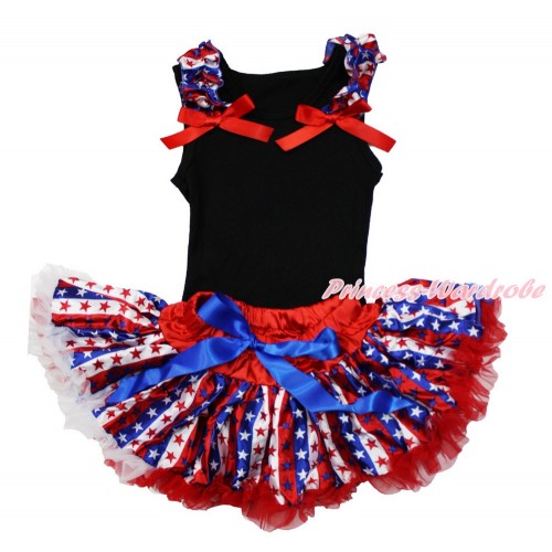 American's Birthday Black Baby Pettitop & Red White Royal Blue Striped Star Ruffles & Red Bow with with Red White Royal Blue Striped Star Baby Pettiskirt NG1486