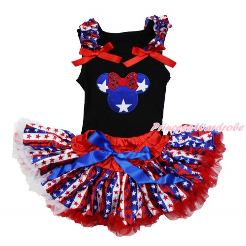American's Birthday Black Baby Pettitop with Red White Blue Striped Star Ruffles & Red Bow with Patriotic American Star Minnie Print with Red White Blue Striped Star Newborn Pettiskirt NG1487