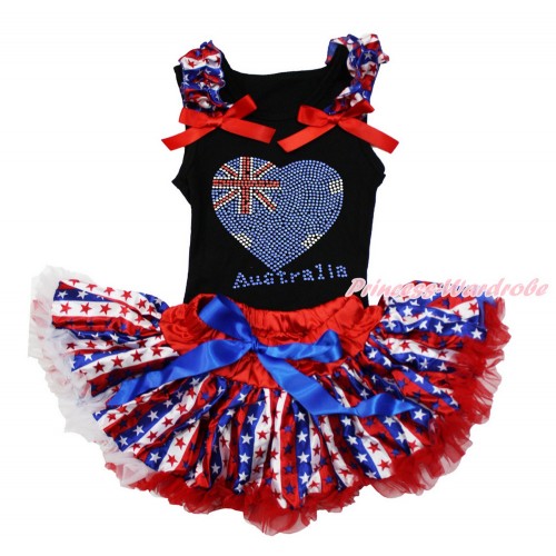 American's Birthday Black Baby Pettitop with Red White Blue Striped Star Ruffles & Red Bow with Sparkle Crystal Bling Rhinestone Australia Heart Print with Red White Blue Striped Star Newborn Pettiskirt NG1488