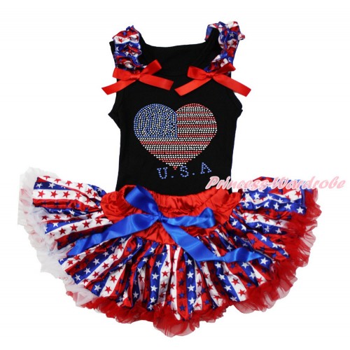 American's Birthday Black Baby Pettitop with Red White Blue Striped Star Ruffles & Red Bow with Sparkle Crystal Bling Rhinestone USA Heart Print with Red White Blue Striped Star Newborn Pettiskirt NG1489