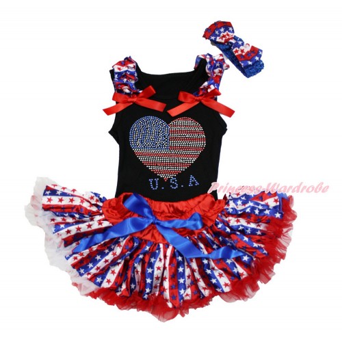 Black Baby Pettitop with Red White Blue Striped Star Ruffles & Red Bows with Sparkle Crystal Bling Rhinestone USA Heart Print & Red White Blue Striped Star Newborn Pettiskirt With Royal Blue Headband Red White Blue Striped Star Satin Bow NG1496