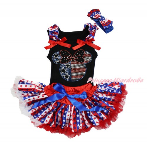 Black Baby Pettitop with Red White Blue Striped Star Ruffles & Red Bows with Sparkle Bling Rhinestone 4th July Minnie & Red White Blue Striped Star Newborn Pettiskirt With Royal Blue Headband Red White Blue Striped Star Satin Bow NG1497
