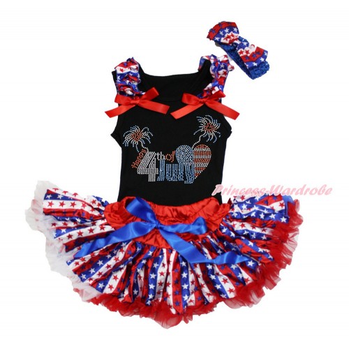 Black Baby Pettitop with Red White Blue Striped Star Ruffles & Red Bows with Sparkle Rhinestone 4th July Patriotic American Heart & Red White Blue Striped Star Newborn Pettiskirt & Blue Headband Red White Blue Striped Star Satin Bow NG1498