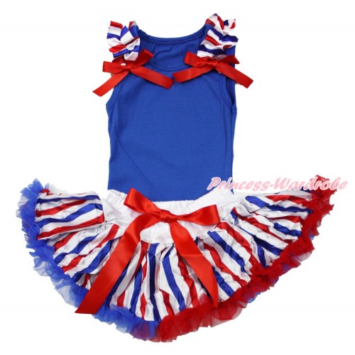 Royal Blue Baby Pettitop & Red White Royal Blue Striped Ruffles & Red Bows with Red White Royal Blue Striped Newborn Pettiskirt NG1500
