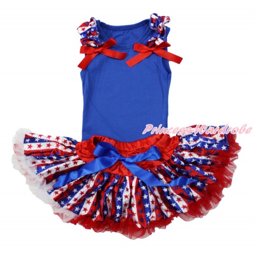Royal Blue Baby Pettitop & Red White Blue Striped Star Ruffles & Red Bows with Red White Blue Striped Star Newborn Pettiskirt NG1501