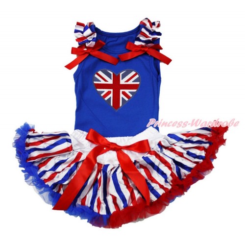 American's Birthday Royal Blue Baby Pettitop with Red White Royal Blue Striped Ruffles & Red Bows with Patriotic British Heart Print with Red White Royal Blue Striped Newborn Pettiskirt NG1503