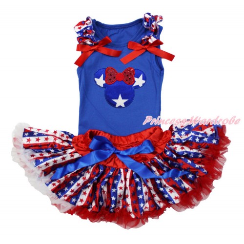American's Birthday Royal Blue Baby Pettitop with Red White Blue Striped Star Ruffles & Red Bows with Patriotic American Star Minnie Print with Red White Blue Striped Star Newborn Pettiskirt NG1509