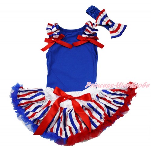 American's Birthday Royal Blue Baby Pettitop & Red White Royal Blue Striped Ruffles & Red Bow with Red White Royal Blue Striped Newborn Pettiskirt With Royal Blue Headband Red White Royal Blue Striped Satin Bow NG1513