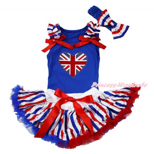 American's Birthday Royal Blue Baby Pettitop with Red White Royal Blue Striped Ruffles & Red Bows with British Heart Print & Red White Royal Blue Striped Newborn Pettiskirt & Royal Blue Headband Red White Royal Blue Striped Satin Bow NG1516
