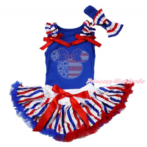 Royal Blue Baby Pettitop with Red White Royal Blue Striped Ruffles & Red Bows with Sparkle Bling Rhinestone 4th July Minnie & Red White Royal Blue Striped Newborn Pettiskirt With Royal Blue Headband Red White Royal Blue Striped Satin Bow NG1518