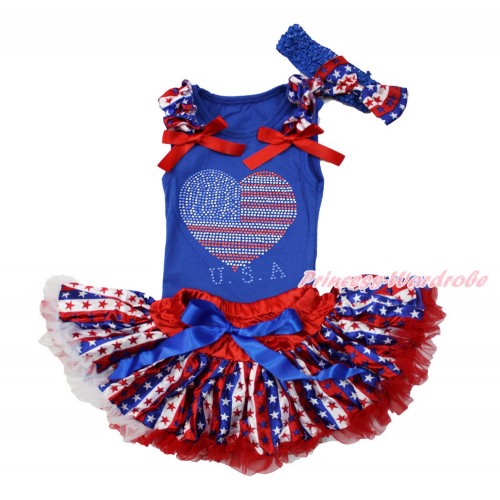 Royal Blue Baby Pettitop with Red White Blue Striped Star Ruffles & Red Bows with Sparkle Crystal Bling Rhinestone USA Heart & Red White Blue Striped Star Newborn Pettiskirt With Royal Blue Headband Red White Blue Striped Star Satin Bow NG1521