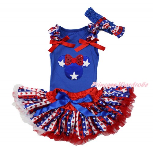 American's Birthday Royal Blue Baby Pettitop with Red White Blue Striped Star Ruffles & Red Bows with Patriotic American Star Minnie & Red White Blue Striped Star Newborn Pettiskirt & Blue Headband Red White Blue Striped Star Satin Bow NG1522