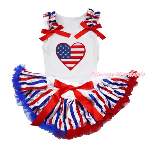 American's Birthday White Baby Pettitop with Red White Royal Blue Striped Ruffles & Red Bows with Patriotic American Heart Print with Red White Royal Blue Striped Newborn Pettiskirt NN194