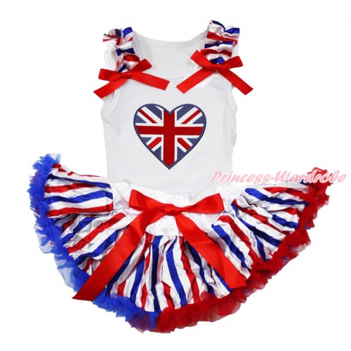 American's Birthday White Baby Pettitop with Red White Royal Blue Striped Ruffles & Red Bows with Patriotic British Heart Print with Red White Royal Blue Striped Newborn Pettiskirt NN195