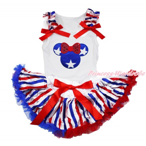 American's Birthday White Baby Pettitop with Red White Royal Blue Striped Ruffles & Red Bows with Patriotic American Star Minnie Print with Red White Royal Blue Striped Newborn Pettiskirt NN196