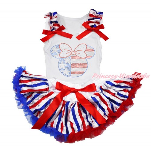 American's Birthday White Baby Pettitop with Red White Royal Blue Striped Ruffles & Red Bows with Sparkle Crystal Bling Rhinestone 4th July Minnie Print with Red White Royal Blue Striped Newborn Pettiskirt NN198