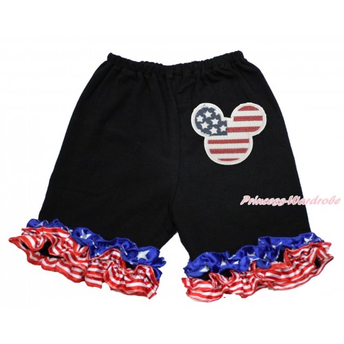 American's Birthday Black Cotton Short Pantie With Patriotic American Ruffles With American Striped Stars Minnie Print B084