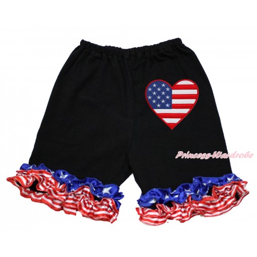 American's Birthday Black Cotton Short Pantie With Patriotic American Ruffles With Patriotic American Heart Print B085