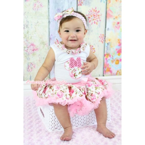 White Baby Pettitop with Light Pink Rose Fusion Satin Lacing & Sparkle Light Pink Rose Minnie Print with Light Pink Rose Fusion Newborn Pettiskirt NG1532