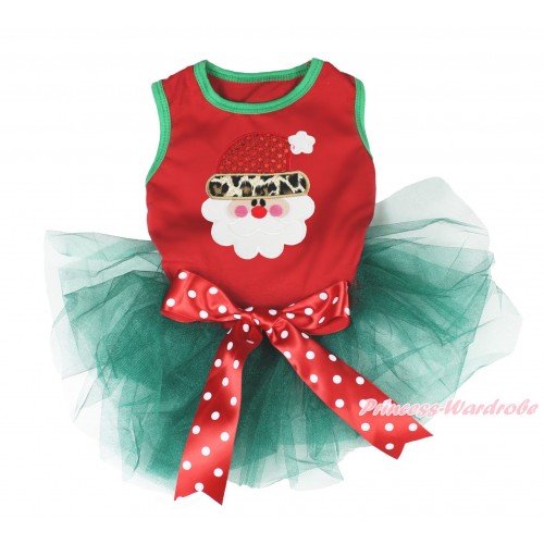 Xmas Red Sleeveless Teal Green Gauze Skirt & Leopard Santa Claus Print & Red White Polka Dots Bow Pet Dress DC192