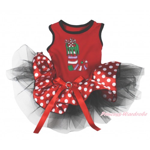 Xmas Red Sleeveless Minnie Polka Dots Black Gauze Skirt & Christmas Stocking Print & Red Rhinestone Bow Pet Dress DC194