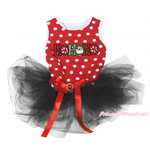 Xmas Minnie Dots Sleeveless Black Gauze Skirt & HOHOHO Print & Red Rhinestone Bow Pet Dress DC199