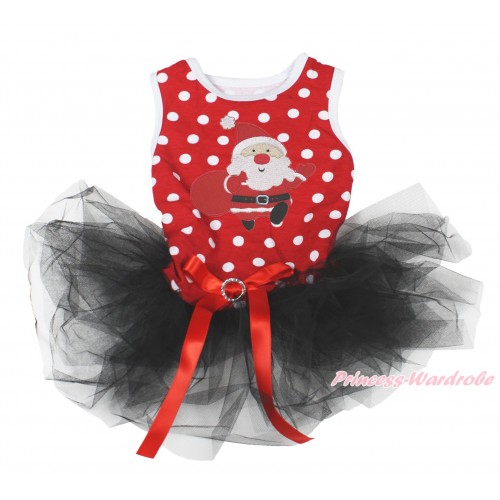 Xmas Minnie Dots Sleeveless Black Gauze Skirt & Gift Bag Santa Claus Print & Red Rhinestone Bow Pet Dress DC200