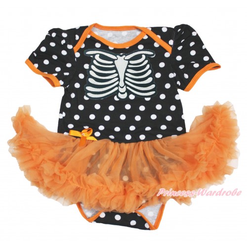 Halloween Black White Dots Baby Bodysuit Orange Pettiskirt & Skeleton Rib JS3973