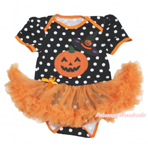 Halloween Black White Dots Baby Bodysuit Orange Pettiskirt & Pumpkin Witch Hat & Pumpkin JS3975
