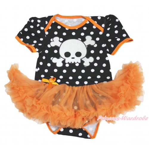 Halloween Black White Dots Baby Bodysuit Orange Pettiskirt & White Skeleton JS3976